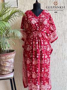 Women's 100% Cotton Printed Kaftan Vintage Floral Loose Fit Knee V Neck Casual Party Wear Anti-Wrinkle Summer Autumn Spring - Product Image 4