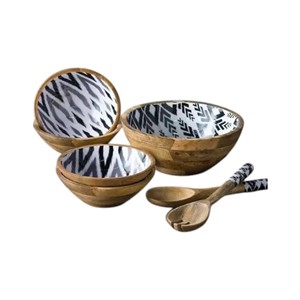 Bol de service en bois artisanal avec intérieur émaillé motif poisson bleu pour table à manger moderne - Product Image 5