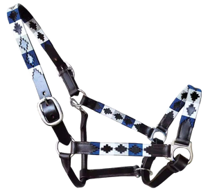 Harnais de cheval en cuir avec motif géométrique bleu et blanc, équipement équestre réglable, harnais de cheval en cuir, équipement équestre - Product Image 1