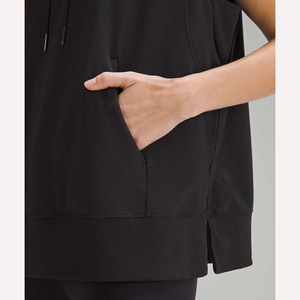 Sweat-shirt à capuche sans manches, couleur unie, avec poche, en molleton bouclette, coupe décontractée, unisexe, noir, pour l'été, anti-boulochage - Product Image 5