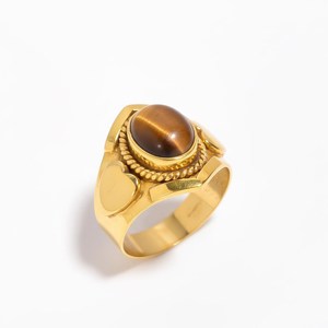 Handmade Gold Vermeil Cabochon Aesthetic Heart Side Statement Brass <b>Ring</b> Natural <b>Tiger</b> <b>Eye</b> Stone Christian Bohemian Jewelry - Product Image 1
