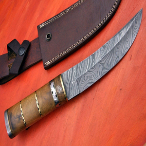 Couteau de chasse à lame fixe en acier Damas avec manche en os, personnalisable OEM DIY, pour activités de plein air, camping, survie, randonnée, pêche et usage général - Product Image 1