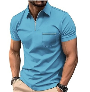 Polo de punto de manga corta azul claro liso para hombre, estilo casual, con cremallera 1/4, bolsillo en el pecho, talla grande - Product Image 2