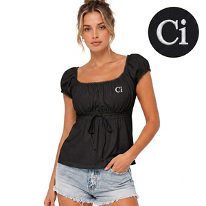 Chemisier jaune à col carré et manches bouffantes pour femme, taille cintrée, logo personnalisé, style vintage, avec cordon de serrage et fronces, haut peplum pour l'été et le printemps - Product Image 3