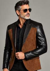 Chaqueta de cuero marrón y negra para hombre con cuello vuelto y cierre de botones - Product Image 4