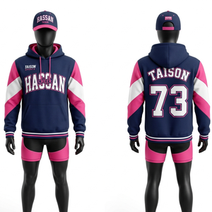 Sweat à capuche d'entraînement en molleton de coton et polyester de qualité supérieure, bleu marine, rose et blanc, design à panneaux, pour hommes - Product Image 1