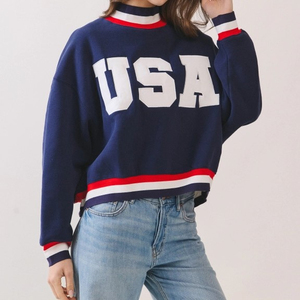 Women's USA Letter Print Crew Neck Sweatshirt Oversized Long Sleeve Knitted Pullover Blue Red White Trim Autumn Wear - Product Image 4