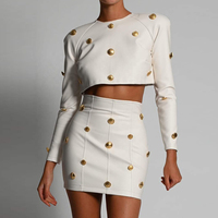 Ensemble deux pièces vintage brodé pour femme, en cuir uni, court, décontracté, à simple boutonnage, avec volants et empiècements, longueur genou