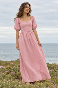 Vestido Maxi Rosa Pálido para Mujer, Cuello Cuadrado, Manga Abullonada, Verano, Casual, Transpirable, Talla XS, Vestido Largo, Proveedor de Ropa al por Mayor OEM ODM - Product Image 5