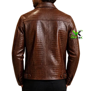 VANTEX SPORTS Men's Brown Croc Embossed Genuine Winter Motorcycle <b>Jacket</b> Stand Collar Breathable Fabric <b>Sheep</b> Lining Snake <b>Skin</b> - Product Image 6