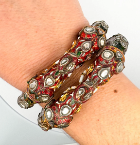 Bracelets ethniques pour femmes en or massif 22 carats avec diamants et pierres naturelles taille poire en émail rouge, bracelets de mariage - Product Image 1