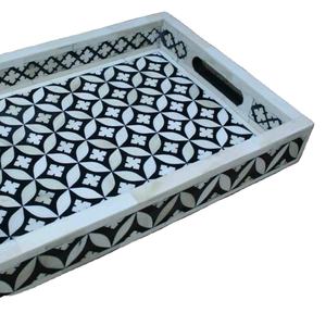 Bandeja de Servir Cuadrada Moderna Hecha a Mano con Incrustaciones de Hueso Natural Floral para el Hogar, Restaurantes y Hoteles, Hecha a Mano en India - Product Image 1