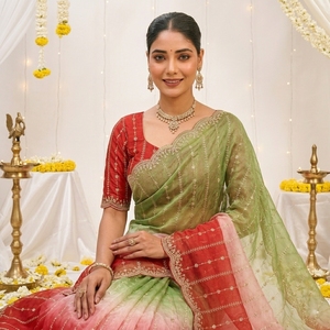 Sari de Seda Ombre Rojo y Verde para Mujer, Traje Tradicional de Boda, Largo hasta el Suelo, Corte Regular, Sin Arrugas, Estilo India-Pakistán - Product Image 4