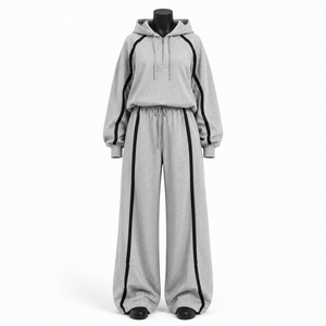 Ensemble de survêtement 2 pièces pour femme, gris, avec sweat à capuche et pantalon de survêtement à jambes larges, rayures contrastées, style streetwear décontracté, ensemble assorti, vente en gros - Product Image 1