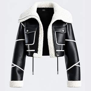 Custom <b>Black</b> Faux Leather <b>Jacket</b> with White Shearling <b>Fur</b> Collar and Cuffs <b>Cropped</b> Fit Biker Style Outerwear for Womens Outfit - Product Image 1