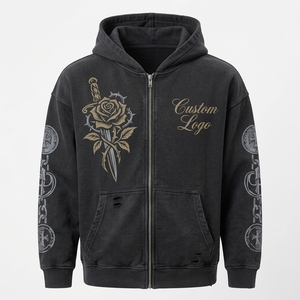 Unisex Black Acid Wash Zip Hoodie Rose Dagger Print Distressed <b>Gothic</b> Streetwear French Terry Fleece <b>Jacket</b> Custom Logo - Product Image 2