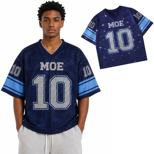 Y2K Fashion Sparkly <b>Hip</b> Hop Streetwear Rhinestone Oversized Mesh V Neck American Football Jersey Women Unisex Loose Fit T-Shirt - Product Image 1