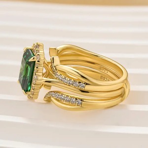 925 <b>Sterling</b> <b>Silver</b> Vintage Emerald Cut Moissanite Halo Red Green Wedding <b>Ring</b> <b>Set</b> 4 Prong Setting Yellow Gold Plated for - Product Image 6
