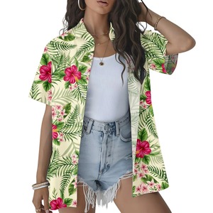 Tropical <b>Hawaiian</b> Floral Print Shirt for Women Loose Fit Long Casual Button Down Short Sleeve Boho Summer Shirt with Rhinestone - Product Image 1