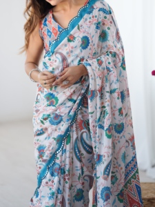 Sari tradicional de poliéster con estampado floral y trabajo de espejo para mujer, largo hasta el suelo, corte regular, para bodas, estilo India-Pakistán - Product Image 6