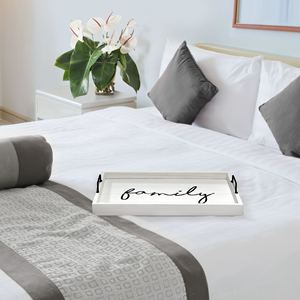 Bandeja de Servicio de Madera Blanca de Lujo al por Mayor, Plato para Hotel con Elegante Impresión de Escritura Familiar y Modernas Asas de Metal Negro - Product Image 3