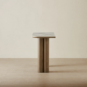 Mesa Consola Moderna Minimalista con Tapa de Mármol y Base de Pedestal de Teca Sólida con Panel de Almacenamiento - Muebles para Sala de Estar Saila - Product Image 2