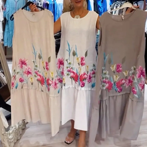 Nuevo Vestido Midi Elegante sin Mangas con Estampado Floral para Mujer, Tela Ligera y Transpirable, Cuello Redondo, Corte en A - Product Image 1