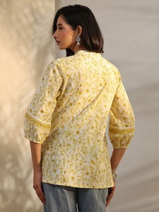 Túnica Larga Amarilla con Estampado Botánico para Mujer, Kurti Peplum Color Marfil con Ribete de Encaje Decorativo para Compradores de Moda Global (Venta al Por Mayor) - Product Image 2