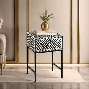 Black and White Bone Inlay Nightstand Wooden End Table Accent <b>Side</b> Table with <b>Drawers</b> for Bedroom - Product Image 2