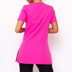 Women's Red Breathable Polyester Short Sleeve V-Neck Scrub Top with Zip Front and Custom Logo Embroidery Tunic - Product Image 4