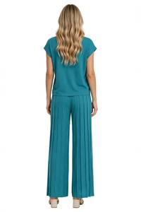 Women's 2 Piece <b>Long</b> Set Solid Teal O Neck Short Sleeve Top <b>Pleated</b> Wide Leg Pants - Product Image 3
