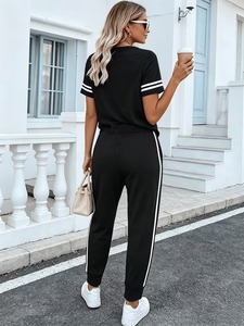 Womens Casual Short Sleeve Tracksuit Crewneck Top and Drawstring Joggers Set Two Piece Loungewear Side Stripe Activewear - Product Image 2