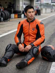 ชุดแข่งรถมอเตอร์ไซค์หนังสีส้มสำหรับผู้ชายแบบชิ้นเดียว - Product Image 2