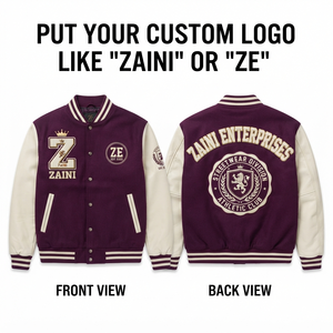 Mens <b>Varsity</b> <b>Jacket</b> 450 GSM Wool Blend Body 320 GSM PU Leather Sleeves <b>Purple</b> Cream Panel Design Custom Logo OEM ODM - Product Image 1