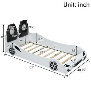 White Twin Size Race Car Shaped Platform Bed for Kids Featuring LED Lights and Upholstered Backrest Wood Construction - Product Image 4