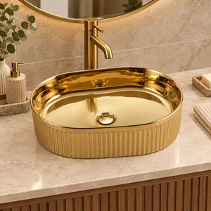 Lavabo Ovalado de Lujo de Latón Acanalado, Lavabo de Sobremesa Dorado con Diseño Acanalado, Lavabo Moderno para Baño, Proyecto Hotelero, Venta al por Mayor - Product Image 4