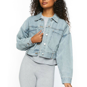 High Quality Custom Cropped Denim Jacket <b>Women</b> Winter Double Breasted Breathable Quick Dry Short Sleeve Crew Neck Street Wear - Product Image 1