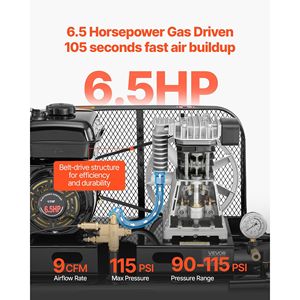 Compressore d'aria a pistone a doppio serbatoio da 9 galloni, alimentato a benzina, 6.5HP 9CFM 115PSI, per pneumatici, con pressione massima - Product Image 2
