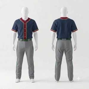 Tenue de baseball personnalisée pour homme : Maillot bleu à rayures fines, bordure bordeaux, pantalon gris, ceinture verte – Ensemble professionnel pour sports d'équipe - Product Image 1