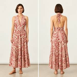 Vestido Maxi Ligero de Poliéster con Estampado Africano sin Mangas para Mujer, Cuello en V, Escalonado, Formal, Elegante, Floral, Ropa de Playa de Verano - Product Image 2