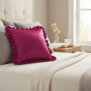 Hot Pink Premium Satin Square <b>Cushion</b> <b>Cover</b> with Frill Borders for Home & Hotel Use - Product Image 1
