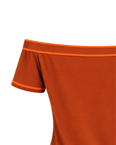 T-shirt orange pour femme, épaules dénudées, avec bordure contrastée, manches courtes, coupe ajustée, décontracté, haut d'été, fabricant OEM personnalisé - Product Image 5
