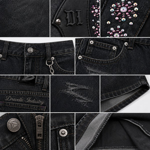 Shorts Bermuda Baggy Y2K en Jean Noir Délavé Crystal Shield pour Hommes avec Appliques en Cuir et Chaîne en Strass – Faible MOQ, Vente en Gros - Product Image 5