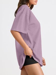 T-shirt ample à col rond et manches courtes pour femme, couleur unie, coupe décontractée, épaules tombantes, 100 % coton, jersey respirant - Product Image 3