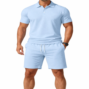 New Arrival 100% Cotton Breathable <b>Knitted</b> Solid Men's Summer Street Style Suits Two Piece Golf Polo Shirts and Shorts <b>Set</b> - Product Image 1