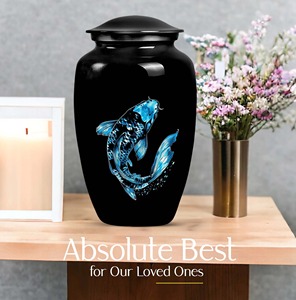 Black Cremation <b>Urn</b> with Golden Fish Design for Adult Human Ashes Classic <b>Large</b> Aluminium <b>Urn</b> For Funeral Adult Ashes - Product Image 4