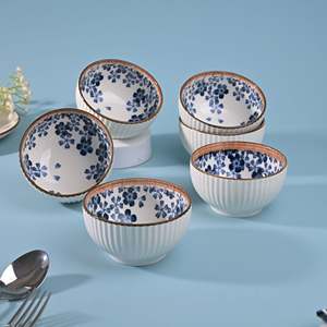 Modern Floral Ribbed Porcelain Soup Bowls Eco-Friendly <b>Set</b> of 6-<b>Microwave</b> Oven Safe Tableware for Food Serving - Product Image 3