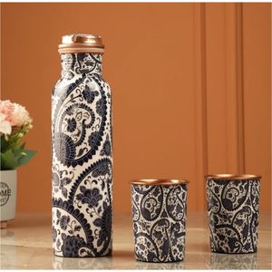 Bouteille d'eau artisanale en cuivre pur 1000 ml – Bénéfices ayurvédiques pour la santé – Gourde en cuivre imprimée design anti-fuite pour le yoga et le sport - Product Image 2