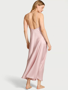 Women's Pink Silk Satin Sleeveless Nightgown Elegant <b>Knee</b> Length Smooth Sleepwear Summer Style - Product Image 2