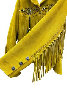 Yellow <b>Suede</b> <b>Leather</b> Knitted Fringe Bomber <b>Jacket</b> Western Style Women's Covered Button Closure Regular Length Spring Autumn - Product Image 3